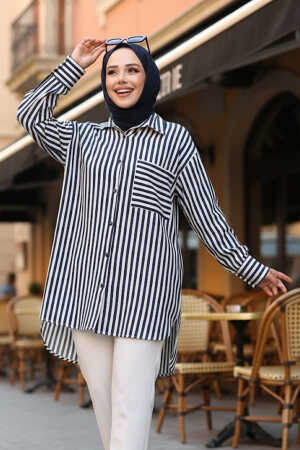 Çizgili Lacivert Tesettür Gömlek 10469L - NEVA STYLE