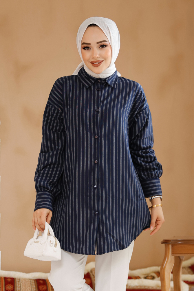 Çizgili Lacivert Tesettür Gömlek 30702L - NEVA STYLE