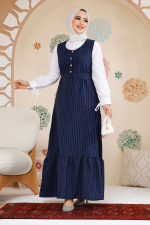 Çizgili Lacivert Tesettür Jile Elbise 70501L - 3