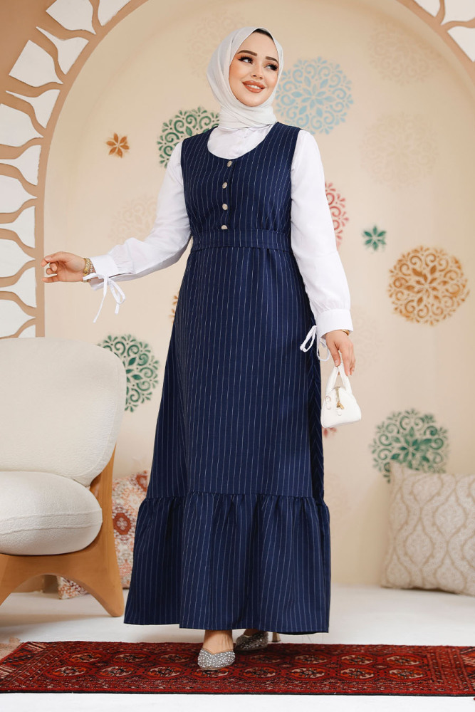 Çizgili Lacivert Tesettür Jile Elbise 70501L - 3