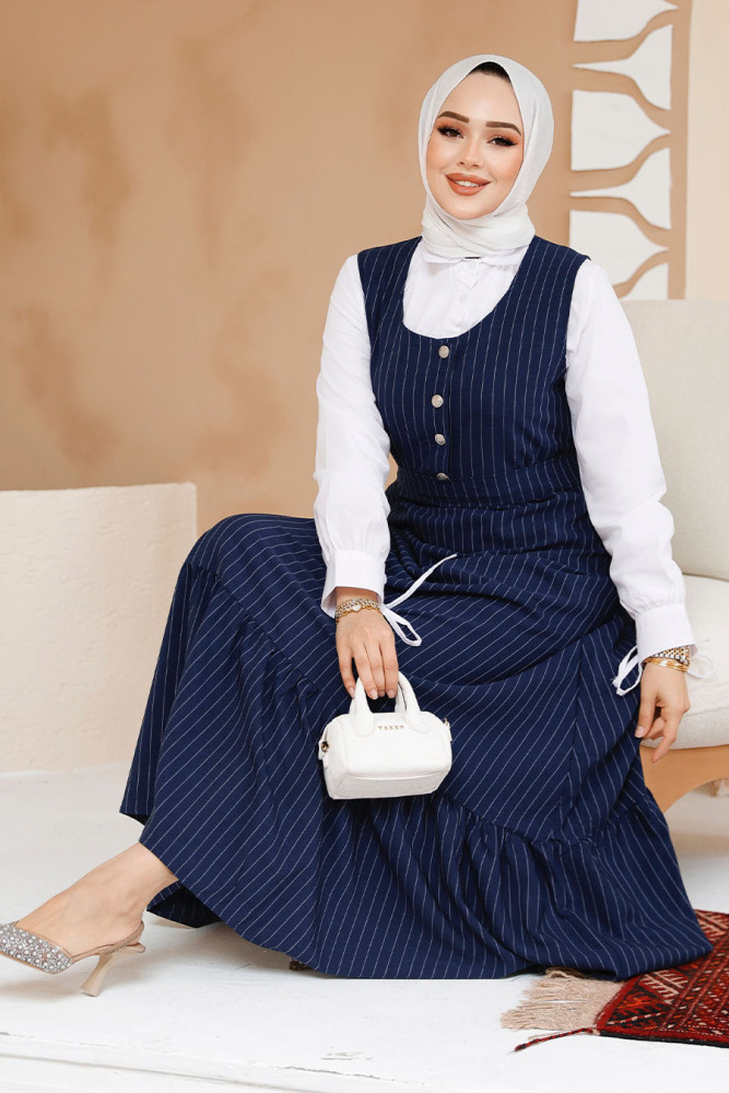 Çizgili Lacivert Tesettür Jile Elbise 70501L - 2
