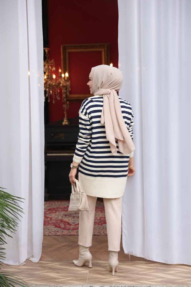 Çizgili Lacivert Tesettür Triko Kazak Tunik 28121L - 3