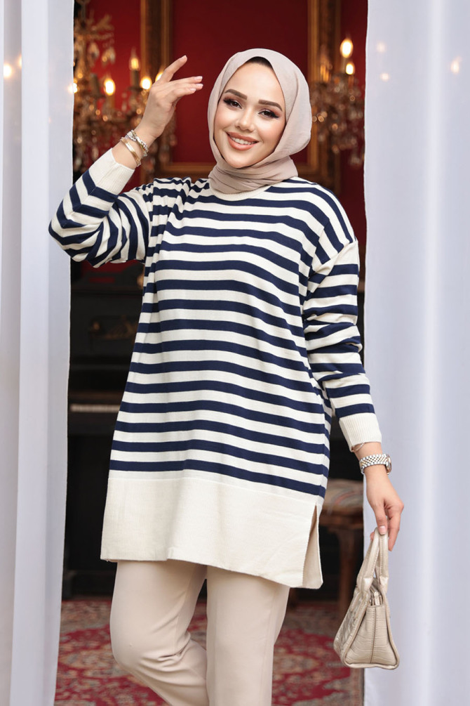 Çizgili Lacivert Tesettür Triko Kazak Tunik 28121L - N.S NEVA STYLE