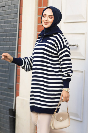Çizgili Lacivert Tesettür Triko Tunik 65902L - 2