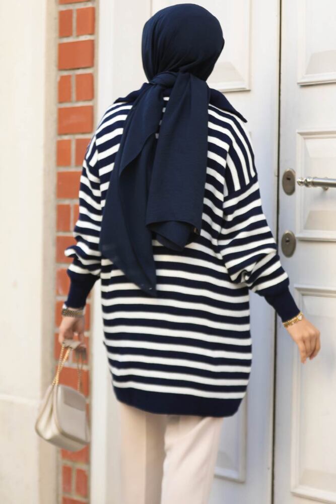 Çizgili Lacivert Tesettür Triko Tunik 65902L - 3