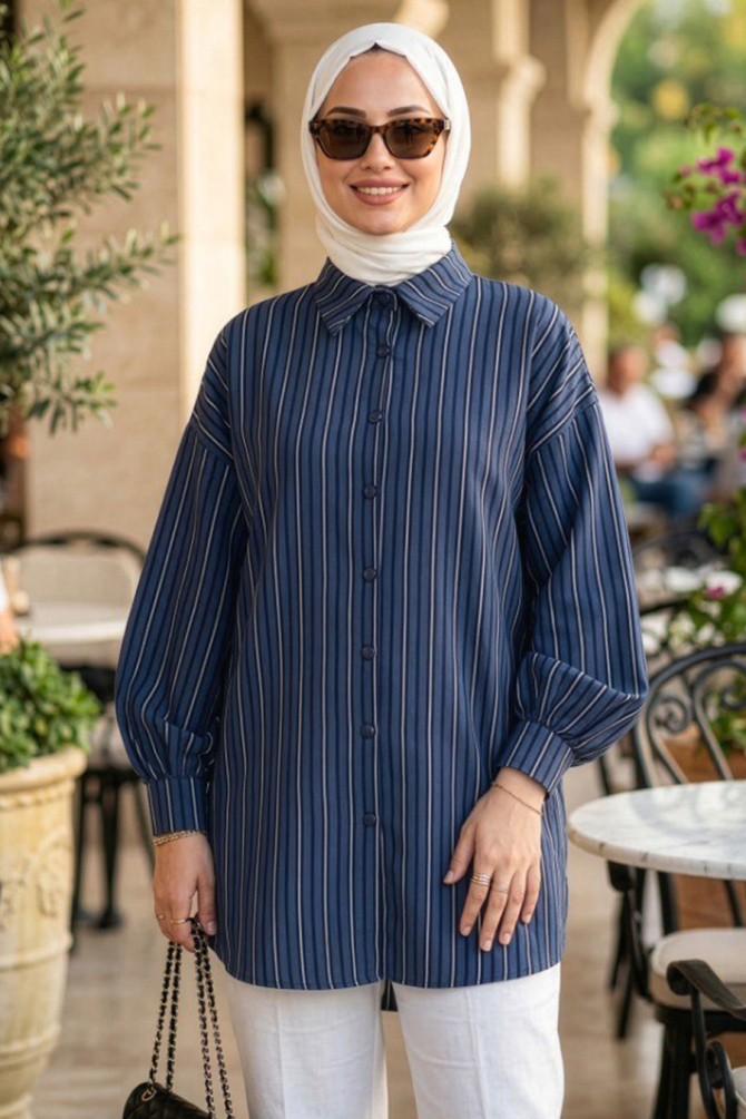 Çizgili Lacivert Tesettür Tunik 101016L - 1
