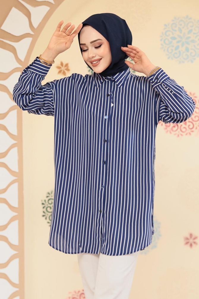 Çizgili Lacivert Tesettür Tunik 20417L - NEVA STYLE