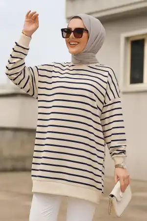 Çizgili Lacivert Tesettür Tunik 30175L - 1