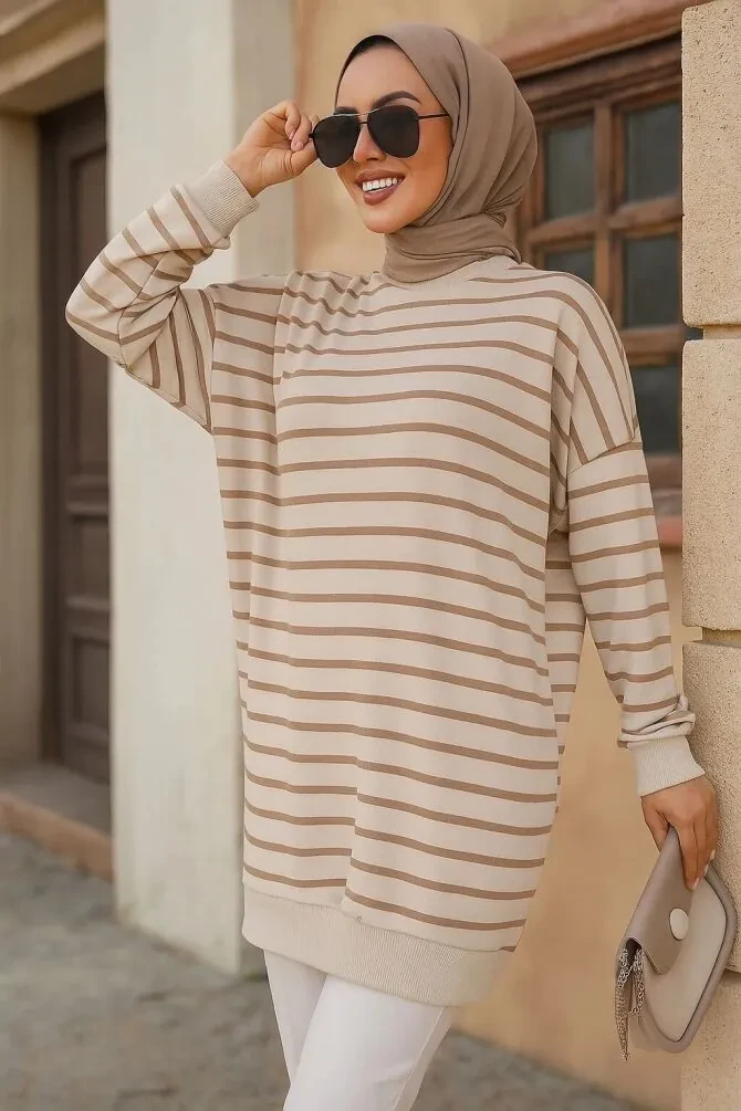 Çizgili Vizon Tesettür Tunik 30175V - NEVA STYLE