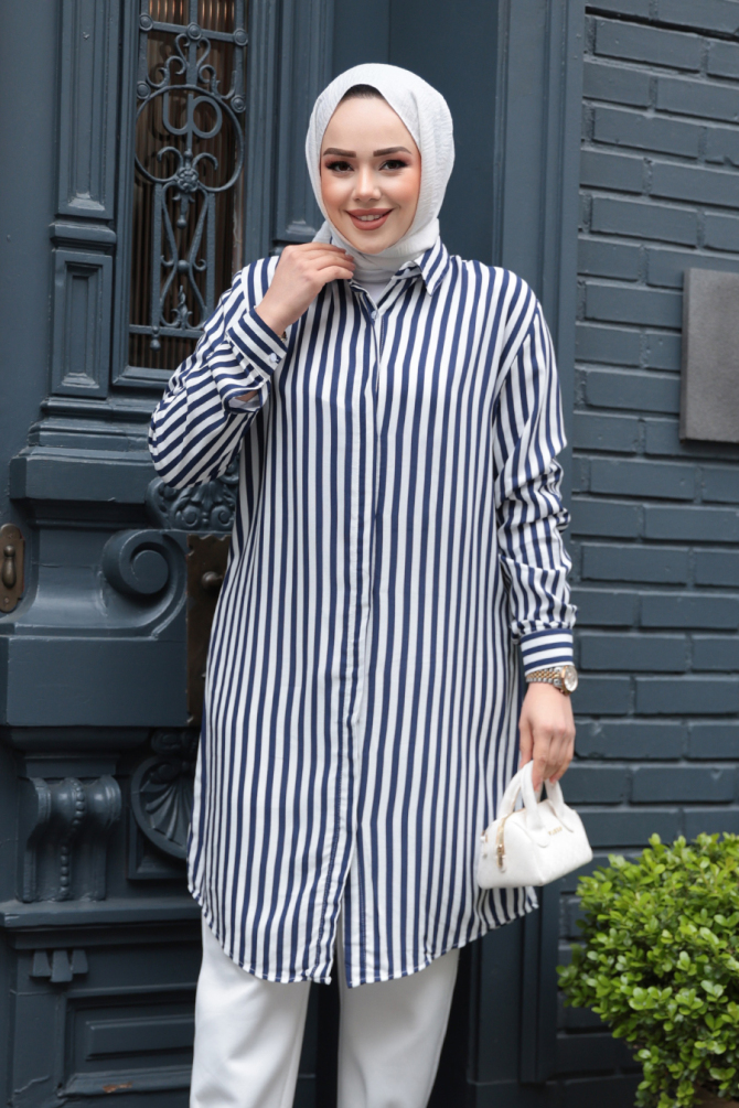 Çizgili Lacivert Tesettür Viskon Tunik 11740L - 2