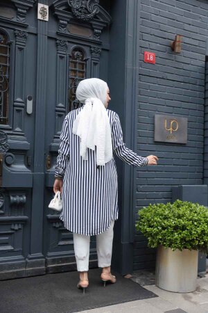 Çizgili Lacivert Tesettür Viskon Tunik 11740L - 3