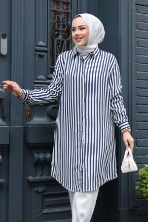 Çizgili Lacivert Tesettür Viskon Tunik 11740L - NEVA STYLE