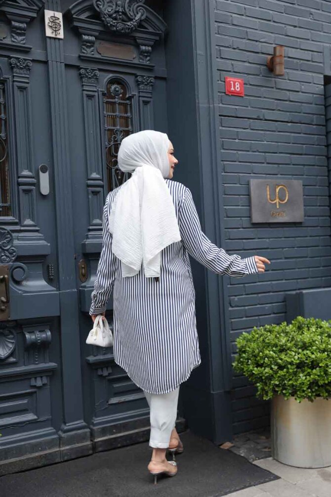 Çizgili Lacivert Tesettür Viskon Tunik 11741L - 4