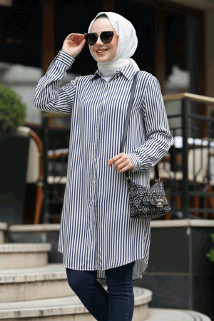 Çizgili Lacivert Tesettür Viskon Tunik 11741L 