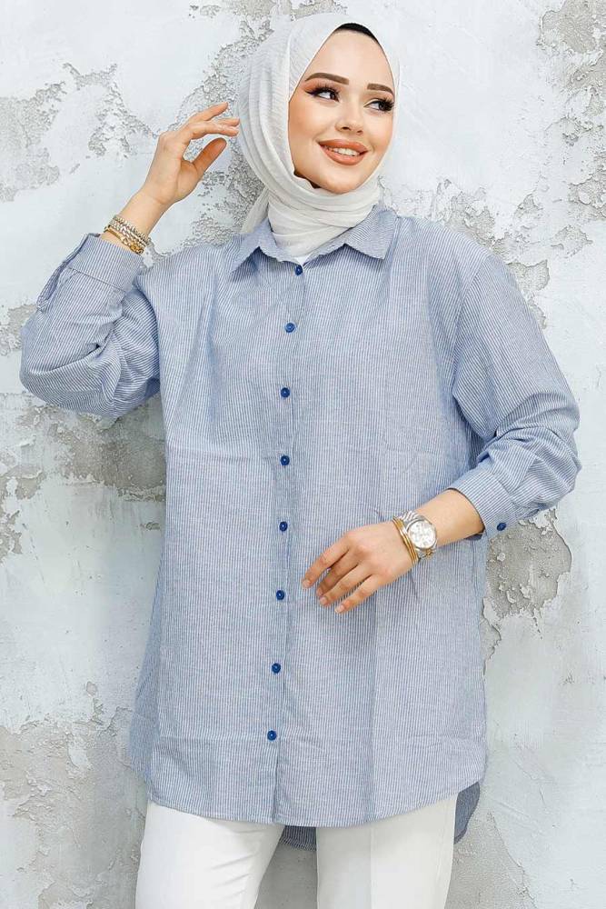 Çizgili Mavi Tesettür Gömlek 52295M - NEVA STYLE