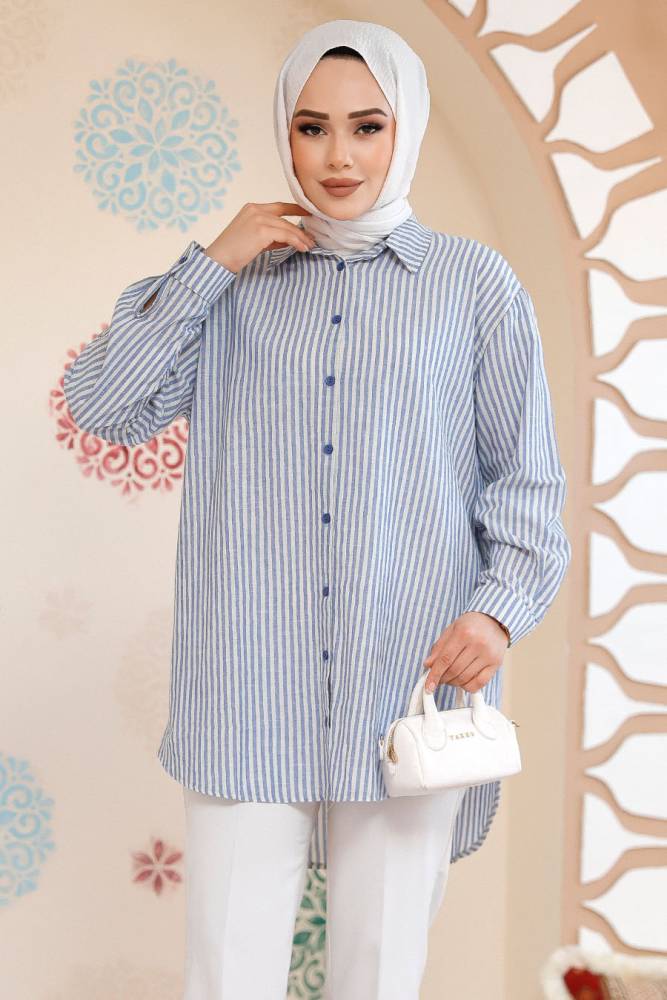 Çizgili Mavi Tesettür Gömlek 52291M - NEVA STYLE