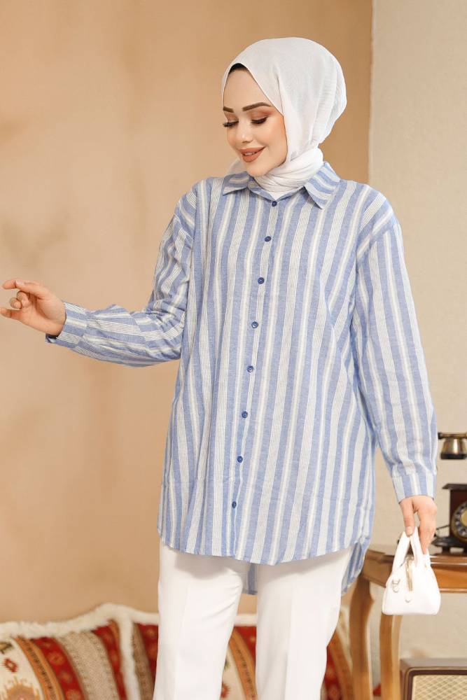 Çizgili Mavi Tesettür Gömlek 52293M - NEVA STYLE