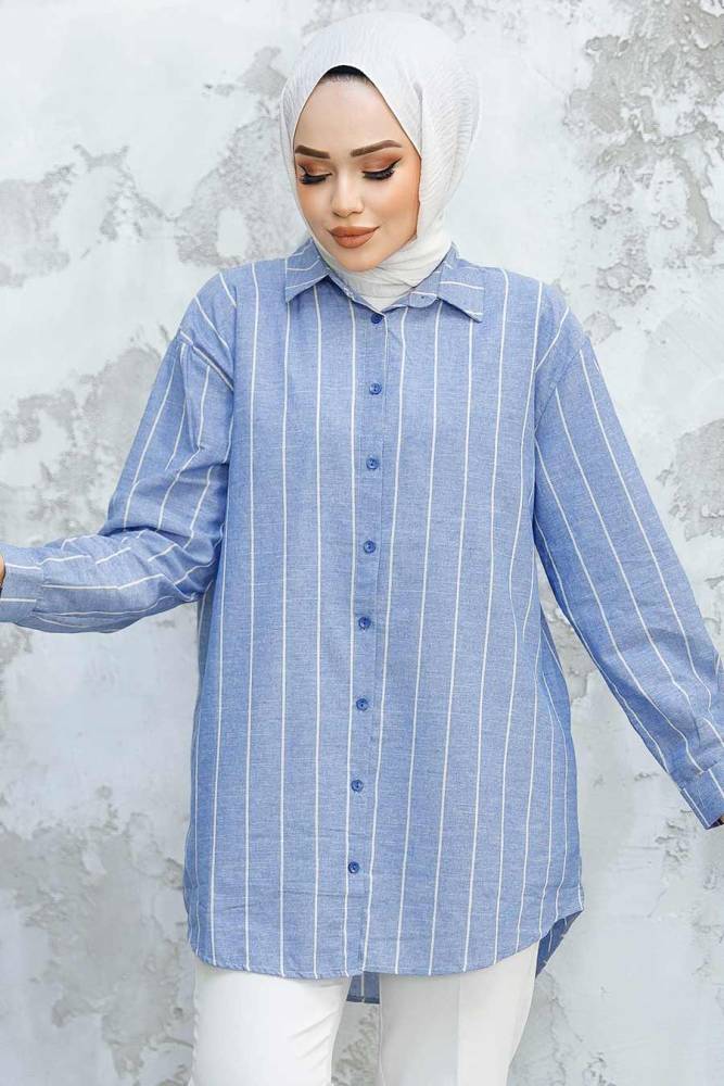 Çizgili Mavi Tesettür Gömlek 52294M - NEVA STYLE