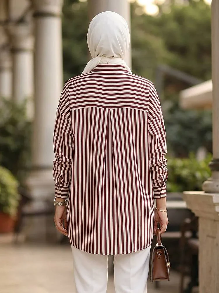 Çizgili Modal Bordo Tesettür Gömlek 52342BR - 2
