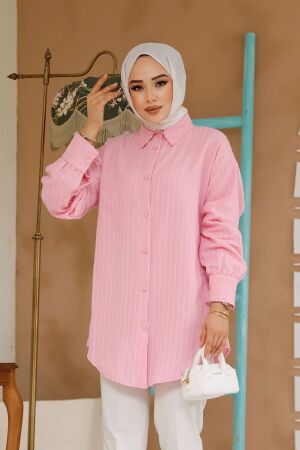 Çizgili Pembe Tesettür Gömlek 30702P 