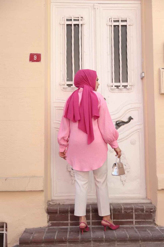 Çizgili Pembe Tesettür Tunik 101024P - 4
