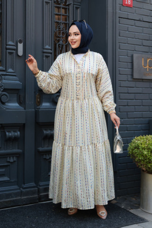 Çizgili Sarı Tesettür Elbise 103016SR - 2