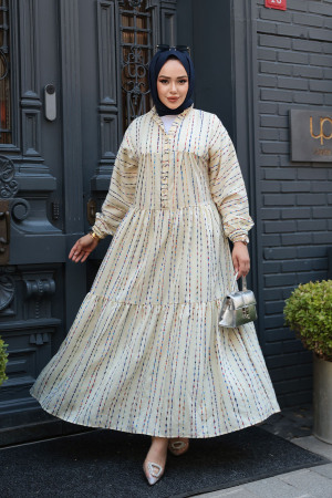 Çizgili Sarı Tesettür Elbise 103016SR 