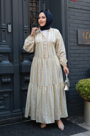 Çizgili Sarı Tesettür Elbise 103016SR - 3