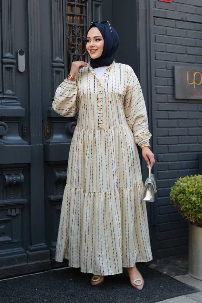 Çizgili Sarı Tesettür Elbise 103016SR - 3