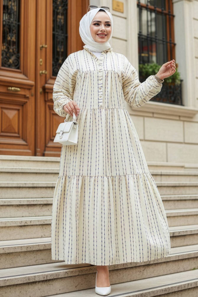 Çizgili Sarı Tesettür Elbise 103016SR - N.S NEVA STYLE