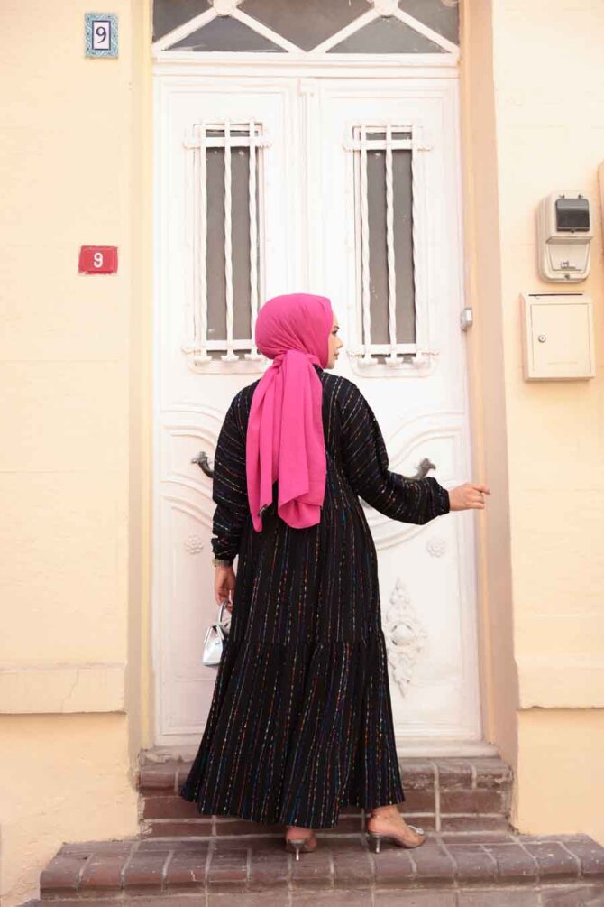 Çizgili Siyah Tesettür Elbise 103016S - 3