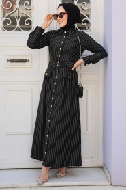 Çizgili Siyah Tesettür Elbise 23051S - Thumbnail