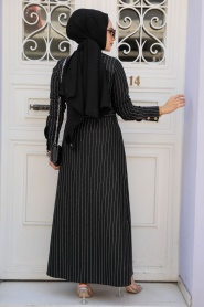 Çizgili Siyah Tesettür Elbise 23051S - Thumbnail