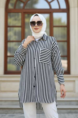Çizgili Siyah Tesettür Gömlek 10469S - NEVA STYLE