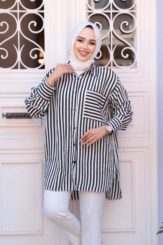 Çizgili Siyah Tesettür Gömlek 10469S - 3