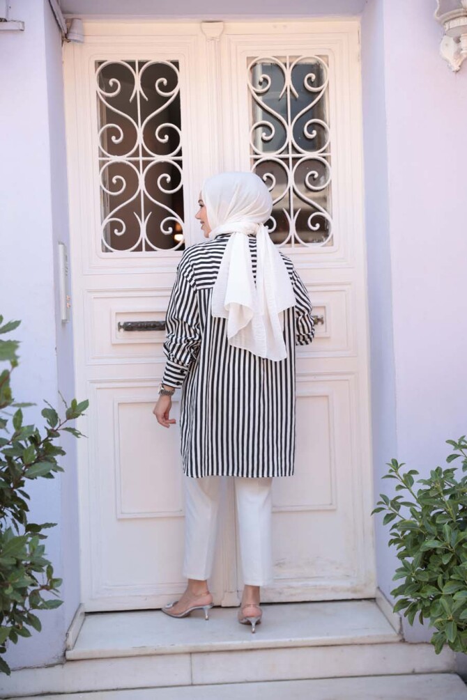 Çizgili Siyah Tesettür Gömlek 10469S - 4