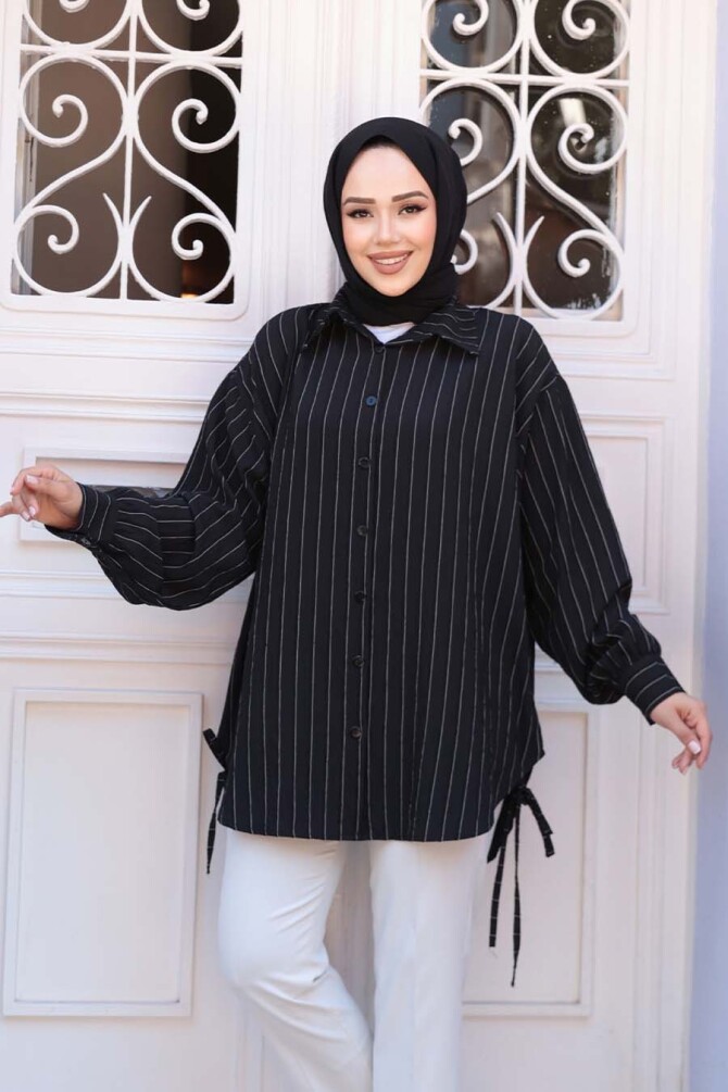 Çizgili Siyah Tesettür Gömlek 10553S - NEVA STYLE