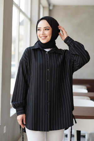 Çizgili Siyah Tesettür Gömlek 10553S - NEVA STYLE