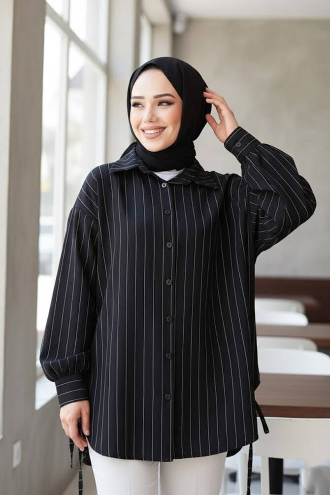 Çizgili Siyah Tesettür Gömlek 10553S - NEVA STYLE