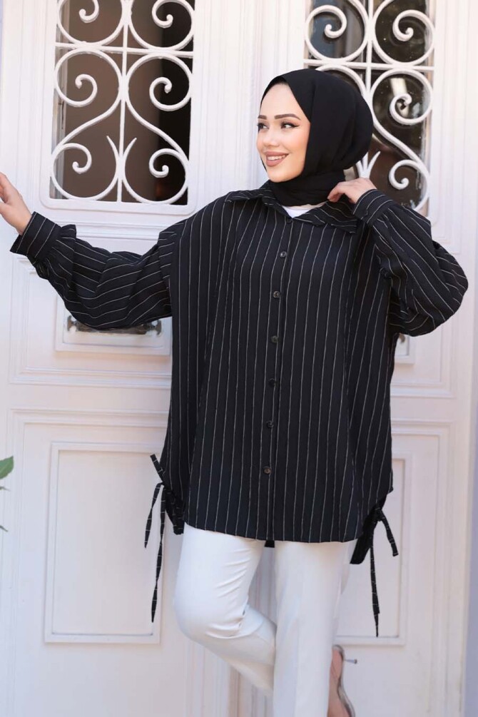 Çizgili Siyah Tesettür Gömlek 10553S - 2