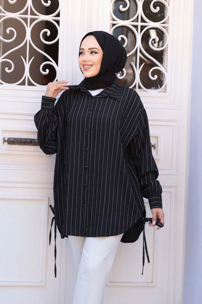 Çizgili Siyah Tesettür Gömlek 10553S - 3