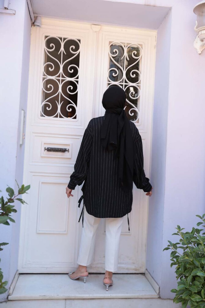 Çizgili Siyah Tesettür Gömlek 10553S - 4