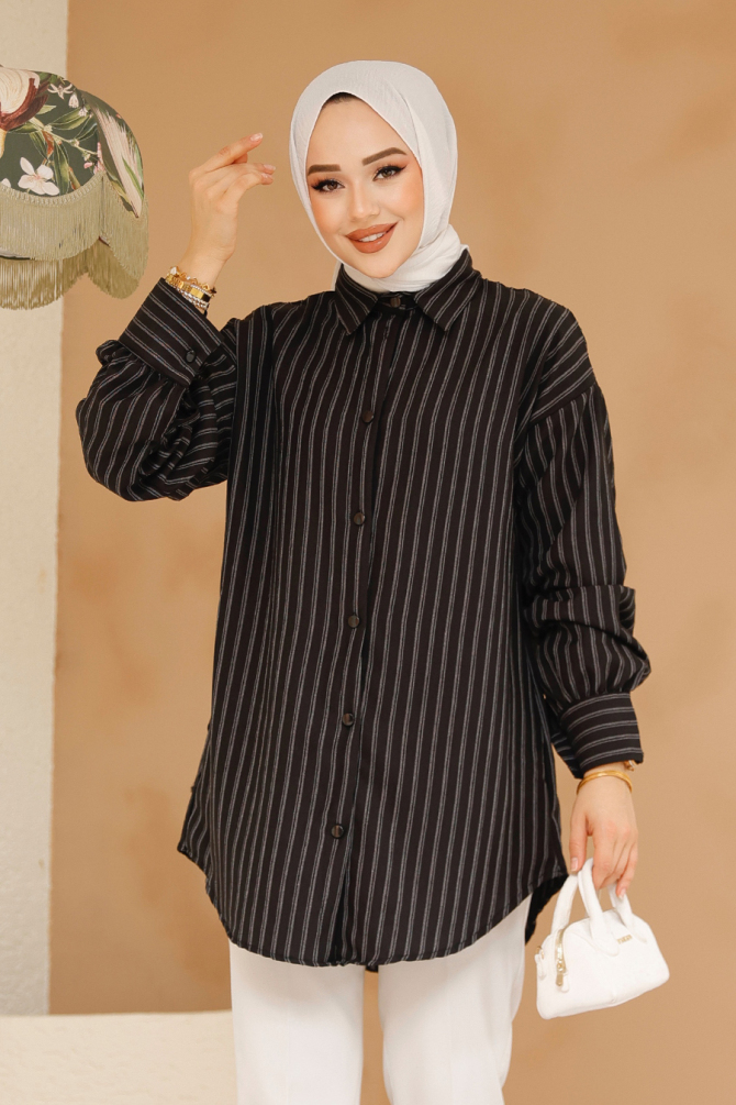 Çizgili Siyah Tesettür Gömlek 30702S - NEVA STYLE