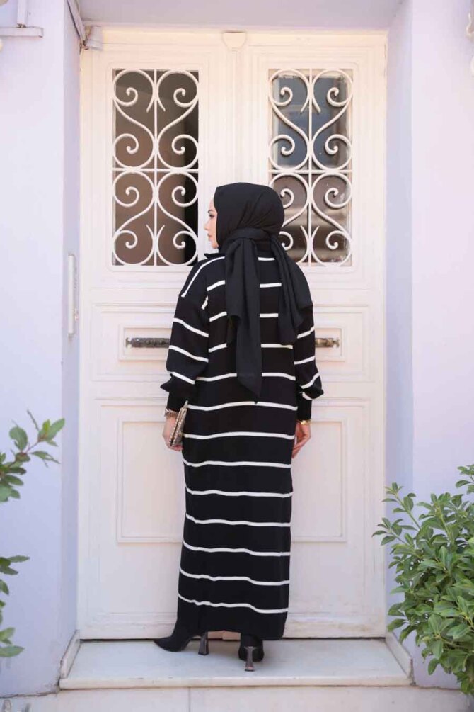Çizgili Siyah Tesettür Triko Elbise 17206S - 4