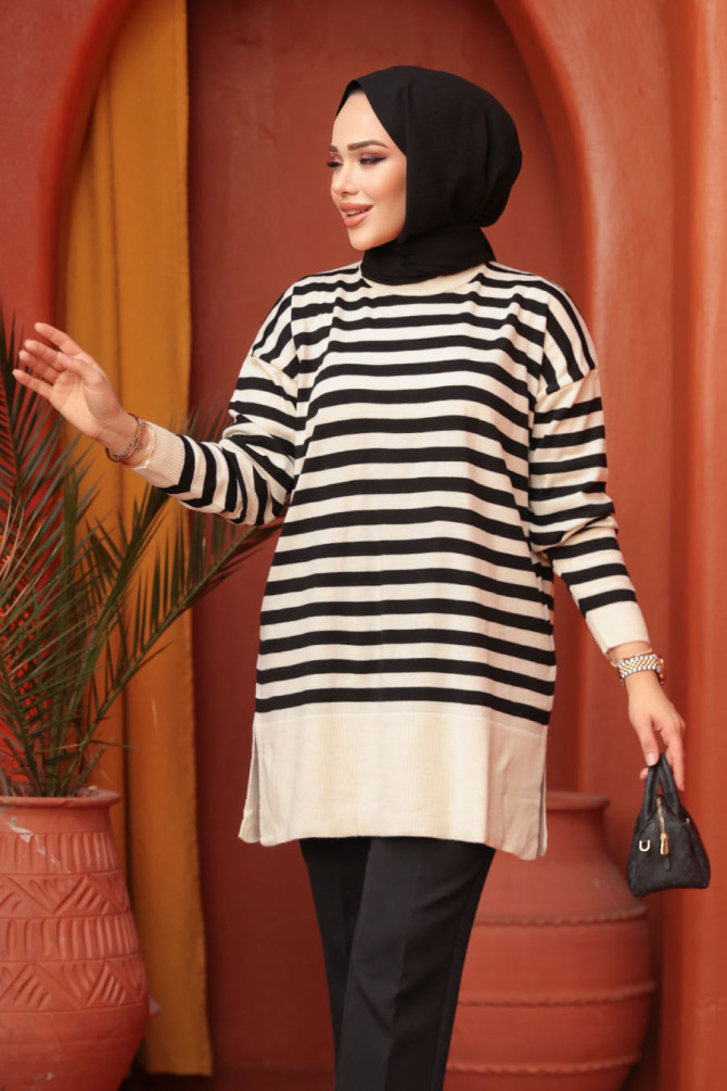 Çizgili Siyah Tesettür Triko Kazak Tunik 28121S - N.S NEVA STYLE