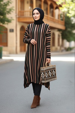 Çizgili Siyah Tesettür Triko Panço Tunik 56751S - 1