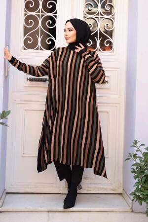 Çizgili Siyah Tesettür Triko Panço Tunik 56751S - 1