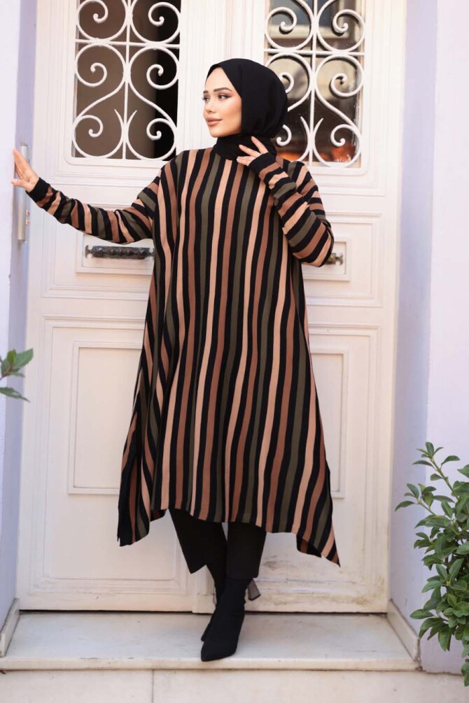 Çizgili Siyah Tesettür Triko Panço Tunik 56751S - 1