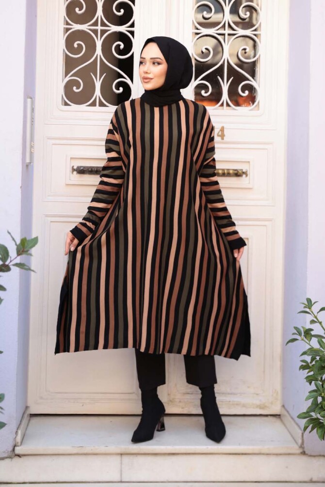 Çizgili Siyah Tesettür Triko Panço Tunik 56751S - 2
