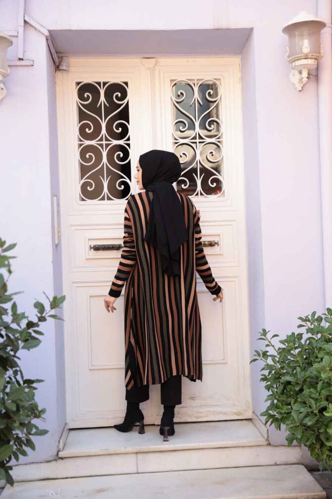 Çizgili Siyah Tesettür Triko Panço Tunik 56751S - 3